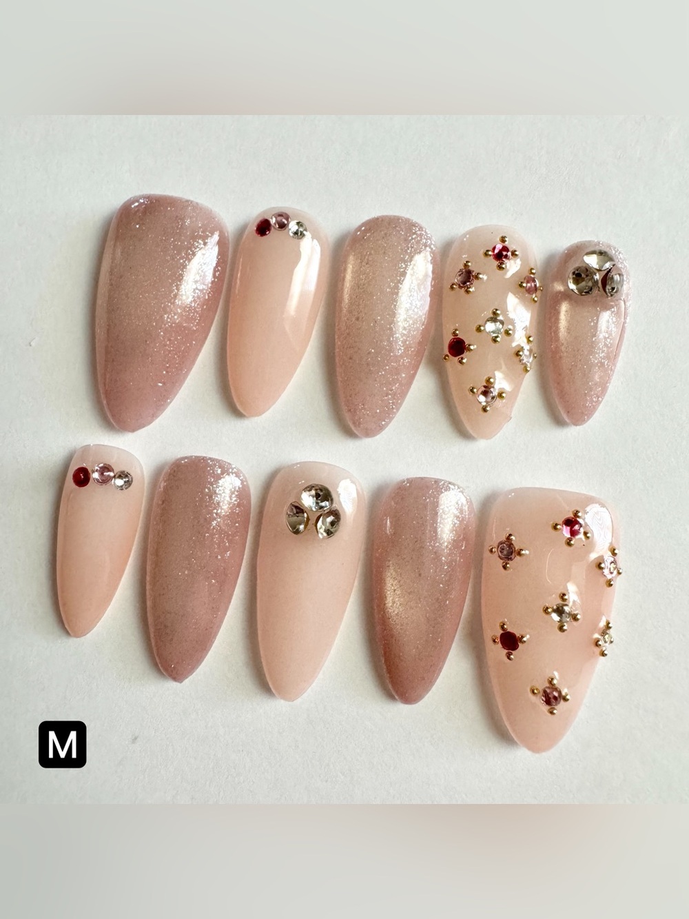 Nude Pink Sparkle Press-On Nail Set with Gem Accents